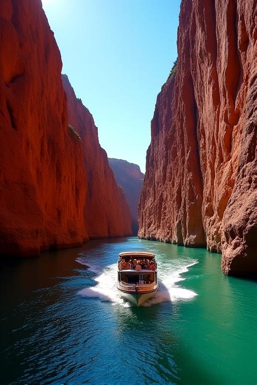 A boat cruising through a dramatic gorge in The Kimberley