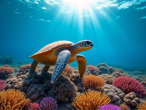 A sea turtle swimming over the Great Barrier Reef